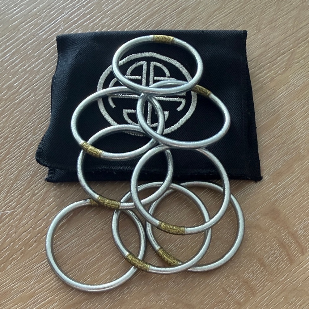 Stacked Silver-Tone Bangles with Gold Accent - Women's Bracelet Set